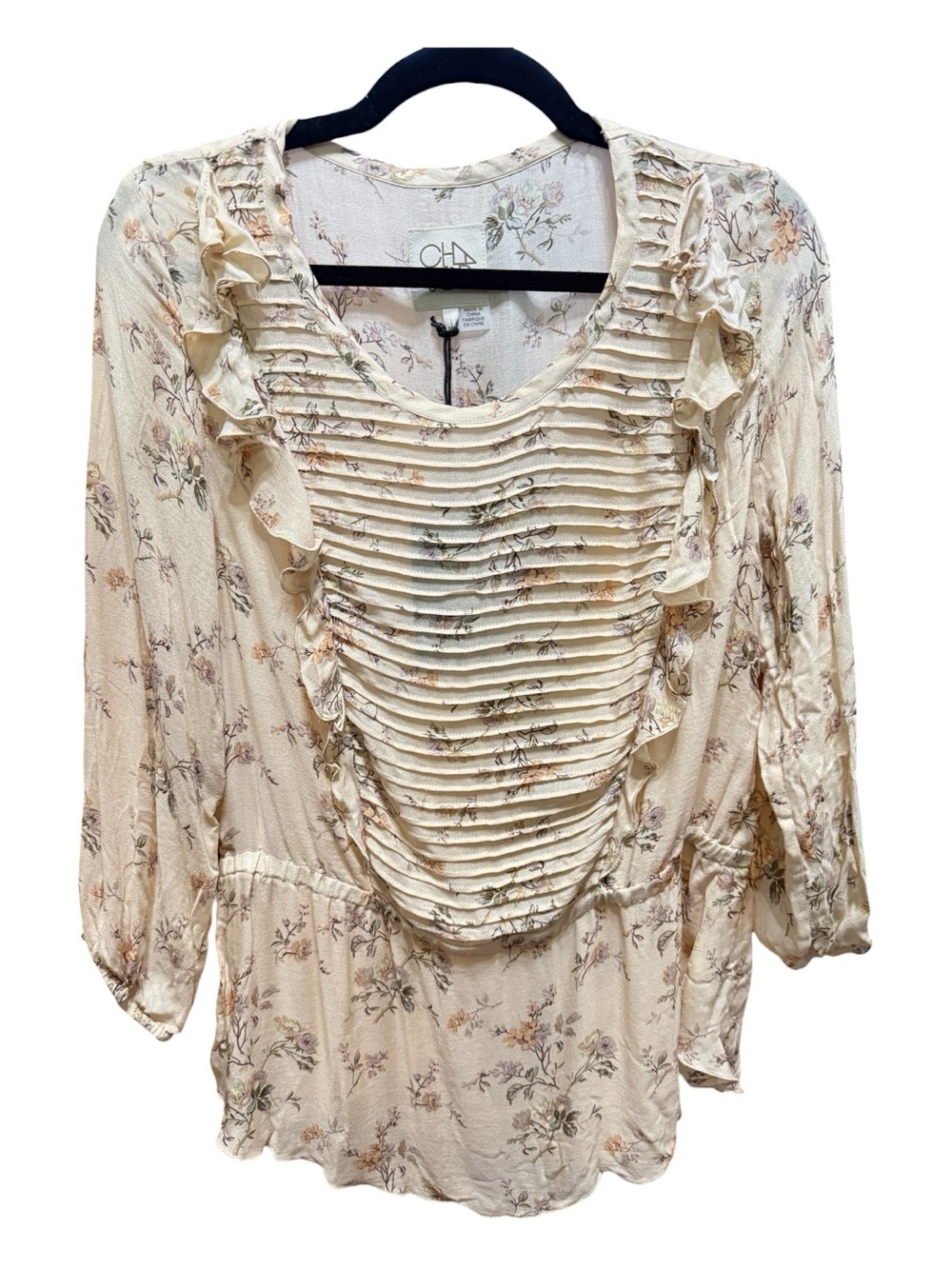 Chaser Floral Pleated Ruffle Blouse Long Sleeve Size Large NWT